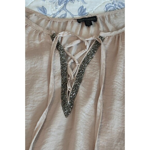 Coco + Carmen Champagne LS Lace Up V-Neck Blouse w/ glass seed beads Size XXL - Picture 3 of 9